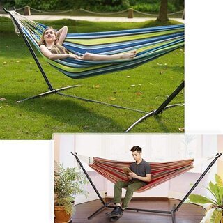 【新品】ハンモック 自立式スタンドセット ダブルサイズ 室内 室外 兼用 収納バッグ付き耐荷重300kg
