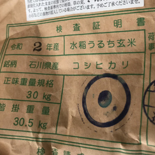 受付再開　令和2年産　　1等級品　石川県産　コシヒカリ玄米30kg
