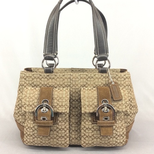COACH コーチ 茶スエードレザー×ミニシグネチャー ジップトートバッグ