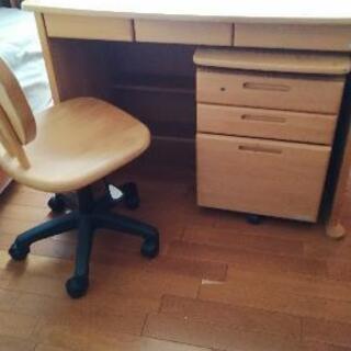 天然木製学習机とサイドテーブルと椅子のセット