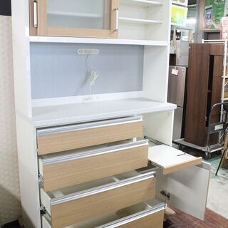 ハイタイプキッチンボード 下段全ブル 上下段モイス 木目 ホワイト/ナチュラル レンジボード 幅120  食器棚 中古家具 店頭引取歓迎 R3738)