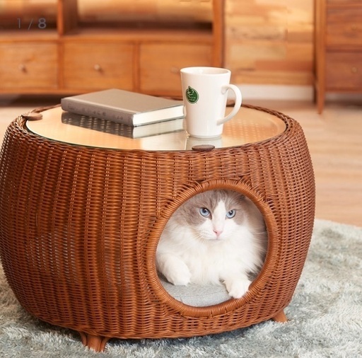 猫用 ラタンカフェテーブルベッド