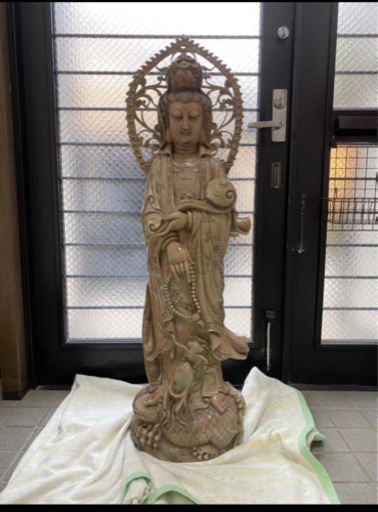 超高級石彫刻 極上細密造 観音菩薩像 高さ約115㎝ 置物 仏像 仏教美術 中国美術 時代物 年代物 観世音菩薩