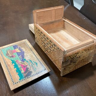 【レトロ】【アンティーク】箱根寄木細工のからくり箱 富士山柄 - 足利市