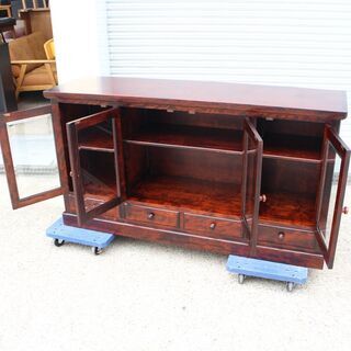 T388) 北海道民芸家具 サイドボード 幅150cm 無垢材 ナチュラル 飾棚