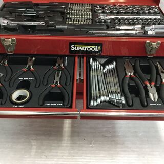 【未使用】工具セット ツールボックス引出タイプ 赤 [スパナ/ペンチ/ソケットレンチ/ビットドライバー/メジャー]等