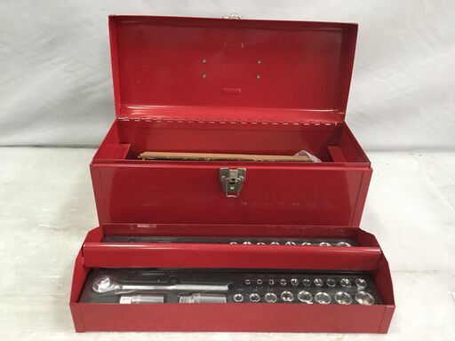 【未使用】工具セット ツールボックス 赤 [ソケットレンチ/六角レンチ/スパナ/金づち/ペンチ]