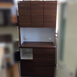 J599 美品！サンウッディ 食器棚 キッチンボード OP デオ 90 ダークブラウン 900×445×1900 クリーニング済み