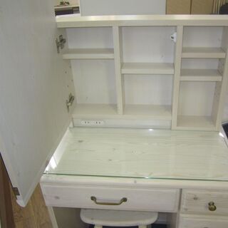 R224 大川家具（サン）天然木一面鏡ドレッサー椅子セット、幅70cm 美品