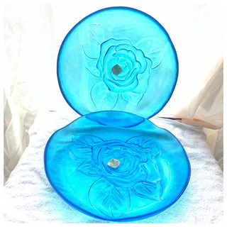 【未使用】骨董 手づくり カメイガラス 大皿 2枚セット ブルー 花柄