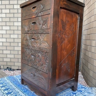 逸品 貴重 5段チェスト 引出 抽斗 無垢材 検 伝統工芸 軽井沢彫? 日光彫? 松本民芸