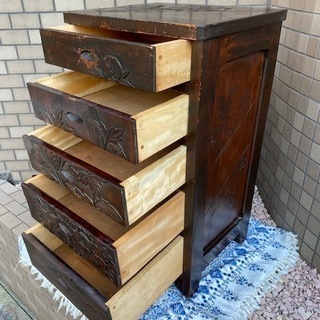 逸品 貴重 5段チェスト 引出 抽斗 無垢材 検 伝統工芸 軽井沢彫? 日光彫? 松本民芸