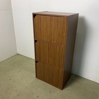 (210729)　三段ボックス　扉つき　カラーボックス　木目デザイン