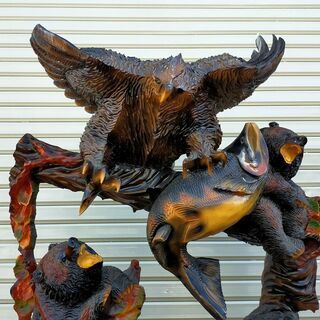 熊 木彫り 鷹 サケ 民芸品 高さ約161cm 装飾品 置物 一部カケ