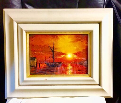 油絵　夕日　　1991年物　　作者不明（フレームの裏を剥がせると知ることが出来るかも）Oil painting size 24 cm x 17 cm