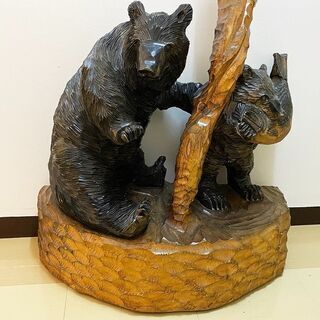 札幌 木彫り熊 鮭狩 親子熊  無銘 工芸品 アイヌ  一本木 ...