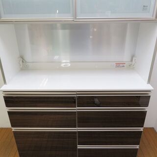 【新品同様】AYANO 綾野製作所 LX/LUXIA キッチンボード ブラウン木目 食器棚 幅120 モイス加工 クアドロレール採用 (JD80)