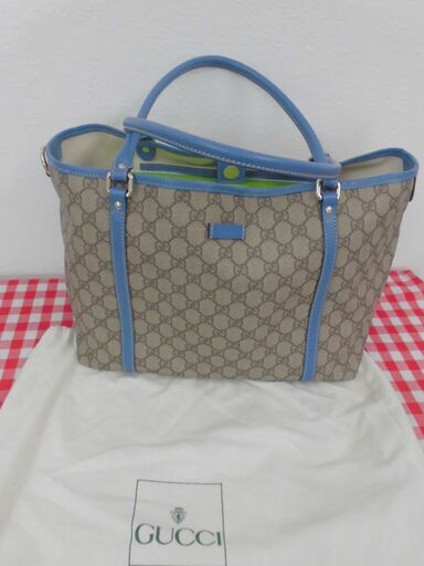 ★GUCCI　グッチ　GGプラス トートバッグ PVC レザー ベージュ ライトブルー　★