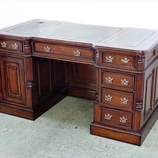 山口)下松市より　アンティーク調 木製デスク 革張り天板 レザートップ　BIZHH12H