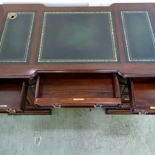 山口)下松市より　アンティーク調 木製デスク 革張り天板 レザートップ　BIZHH12H