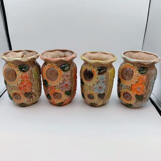 【ネット決済】植木鉢 陶器　多肉植物花瓶　4個セット　ひまわり柄...