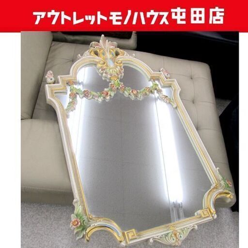 【売約済】イタリア家具 飾り鏡/ウォールミラー ロココ調 壁掛け式 大判鏡 78×128cm 札幌市北区屯田 14250円