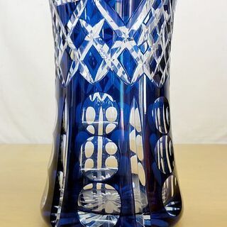 工芸ガラス 切子ガラス フラワーベース 25cm 藍色 花瓶 クリスタル カットガラス 工芸品 花生 札幌 中央区 − 北海道