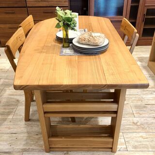 中古 酒井製作所 変形ダイニングテーブル チェア3脚 タモ材