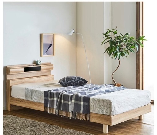 シングルベッド　2つセット　ベッドフレーム ウィルトン ナチュラル LEDライト/コンセント付き 家具