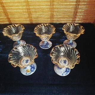 砥部焼龍峯窯三洋陶器染付脚ガラスデザートカップ5客｜Yahoo