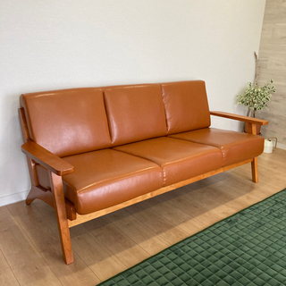 北欧デザイン木肘レザーソファ 3人掛け　美品