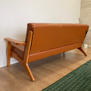 北欧デザイン木肘レザーソファ 3人掛け　美品