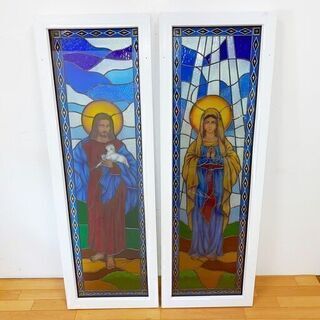 ステンドグラス キリスト マリア サッシ 2枚セット 150㎝×49.5㎝ アンティーク 教会　/SL1