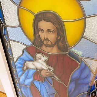 ステンドグラス キリスト マリア サッシ 2枚セット 150㎝×49.5㎝ アンティーク 教会　/SL1