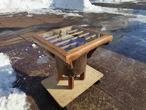 臼と格子の木製のガラステーブル『良品中古』 【リサイクルショップサルフ】