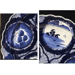 e895 古伊万里 大皿 径46cm 染付 ベロ藍 皿