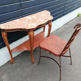 【091607】テーブル+椅子　セット　天板：石　幅102㎝　奥...