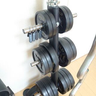 ワイルドフィットの黒ラバー60㎏ダンベルセット(ロングシャフト)とスーパーカールバー、プレートラック