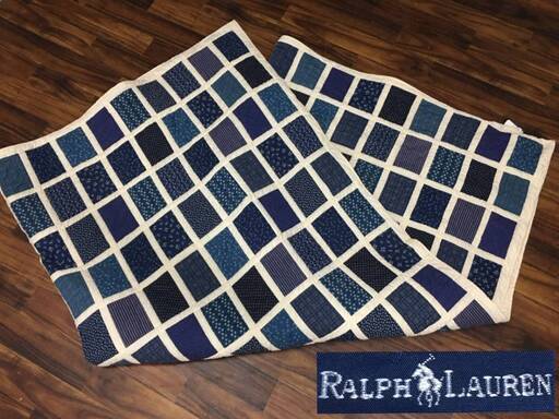 ⭕⭕⭕HG2/83　レア 中古 ralph lauren ラルフローレン パッチワーク ベッド カバー ブルー 青 228×228cm ※黄ばみあり⭕⭕⭕