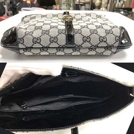 GUCCI グッチ ハンドバッグ GG柄 ジャッキー キャンバス ブラック 本物 グッチ ショルダーバッグ GGキャンバス×パテント ジャッキー