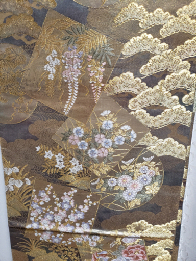 袋帯 京友禅 錦糸、銀糸、雲、花、松、流水柄