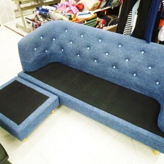 3人掛けソファ L字型 オットマン付き 幅179×奥70×高73cm ブルー系 布製