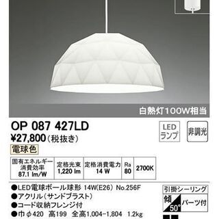 【美品】ODELIC ペンダントライト　100ワットLED電球付
