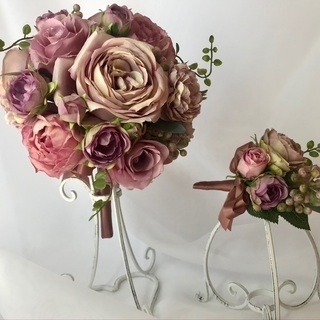 アンティークピンクローズブーケ＆ブートニア　ブーケスタンドお付けします！