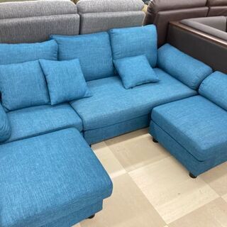 3人掛けｿﾌｧｰ ﾌﾞﾙｰ ｵｯﾄﾏﾝ付