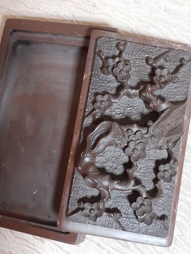 取引中！中国　刻梅　硯【古美術】骨董　端渓石　蓋付