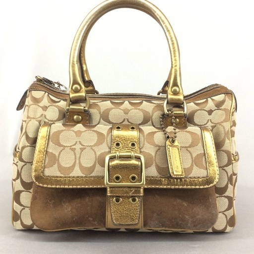 COACH コーチ ゴールドレザー\u0026茶スエード×シグネチャー ミニボストンバッグ