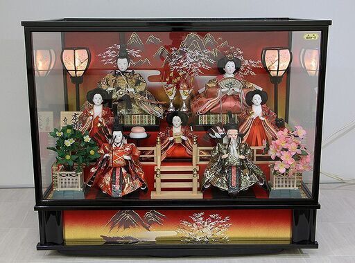 ZE 喜月作 本頭 ひな人形 雛祭り 7人飾り ガラスケース オルゴール (R1600anxY)