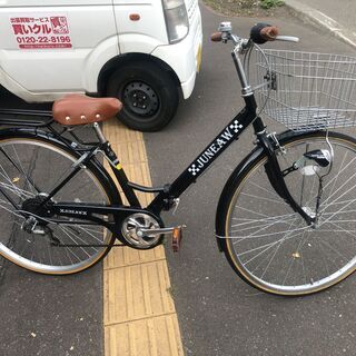 27インチ ★中古美品★折りたたみ自転車 シティサイクル ジュノープレミア パイプキャリア オートライト シマノ6段変速