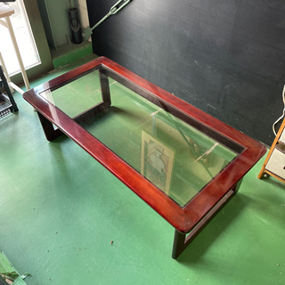 【現状渡し特価】中古 ガラス天板ローテーブル 天然木 幅120cm
